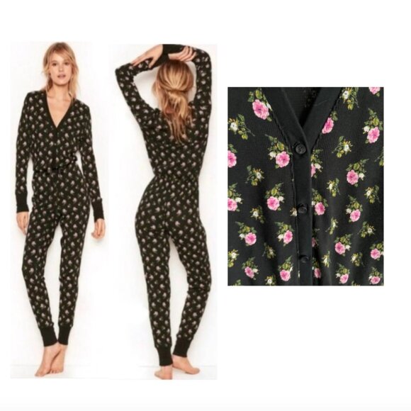 Y2K Victoria's Secret One-piece Pajama Romper Pink Flowers, L - Picture 1 of 11